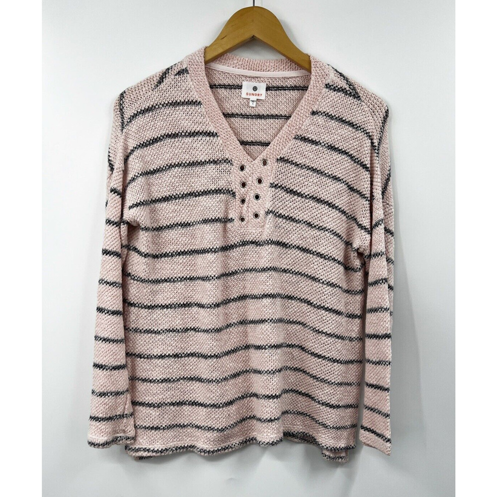 Sundry Lace-Up‎ Sweater Small Women Natural Striped Knit Stretch PInk